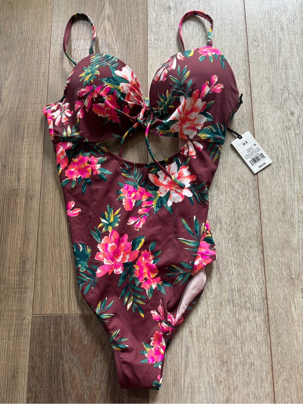 Shade & Shore Burgundy One-Piece Swimsuit with Pink Floral Print